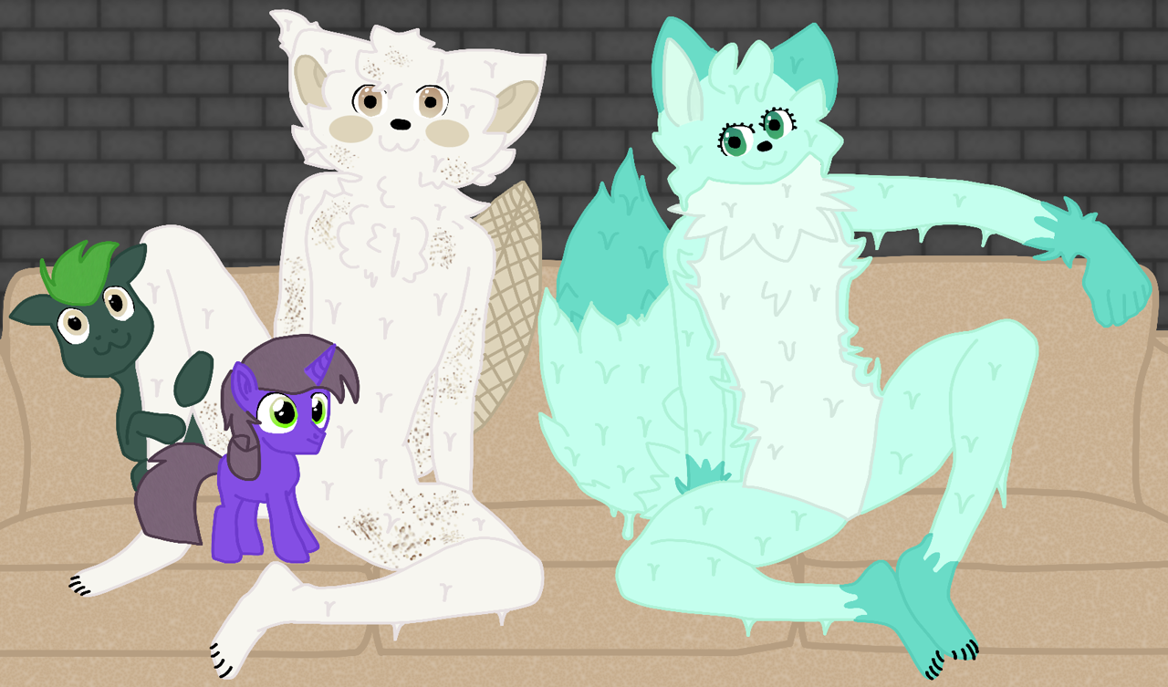 #3281241 - safe, artist:xada, earth pony, goo, pony, unicorn, big tail, brick wall, brown eyes, claws, colt, couch, feral, floppy ears, foal, furry, gradient eyes, green body, green coat, green eyes, green mane, group, male, neck fluff, owo, purple coat, roblox, sitting, spotted, stone wall, tail, white body - Derpibooru