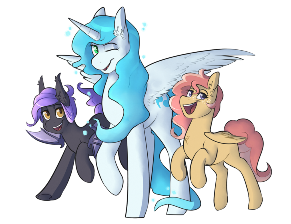 Mascots left to right: Misty Nights, Princess Pixel, and Sunshine Serenade